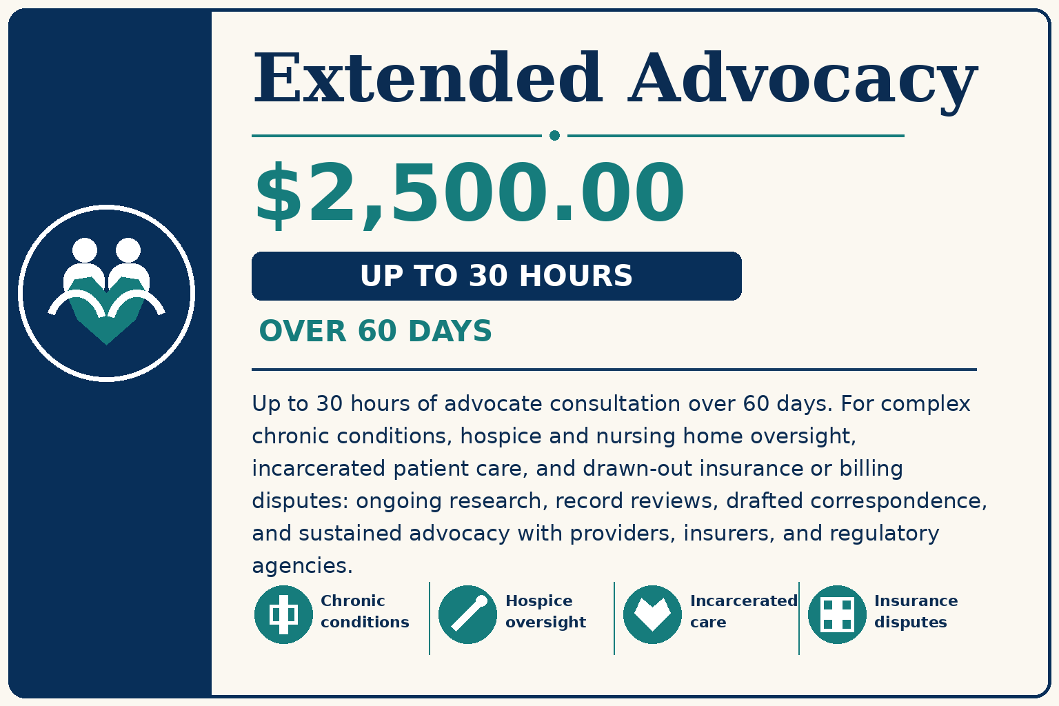 Extended Advocacy — $2,500, up to 30 hours over 60 days